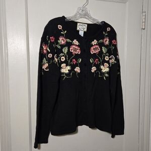 Heirllom Collectibles Chic Black Cardigan with Floral Embroidery